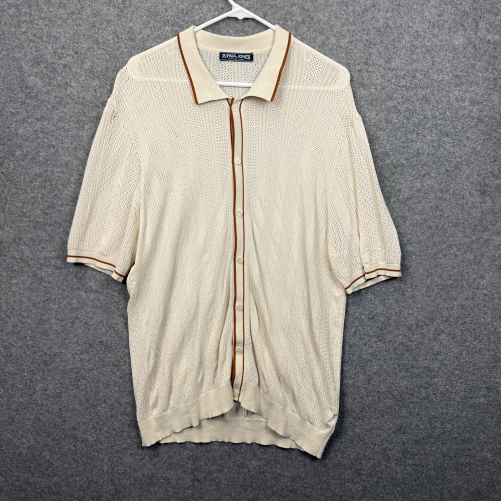 PJ Paul Jones Mens Cream Knit Button Down Polo Shirt Short‎ Sleeve Brown Trim L